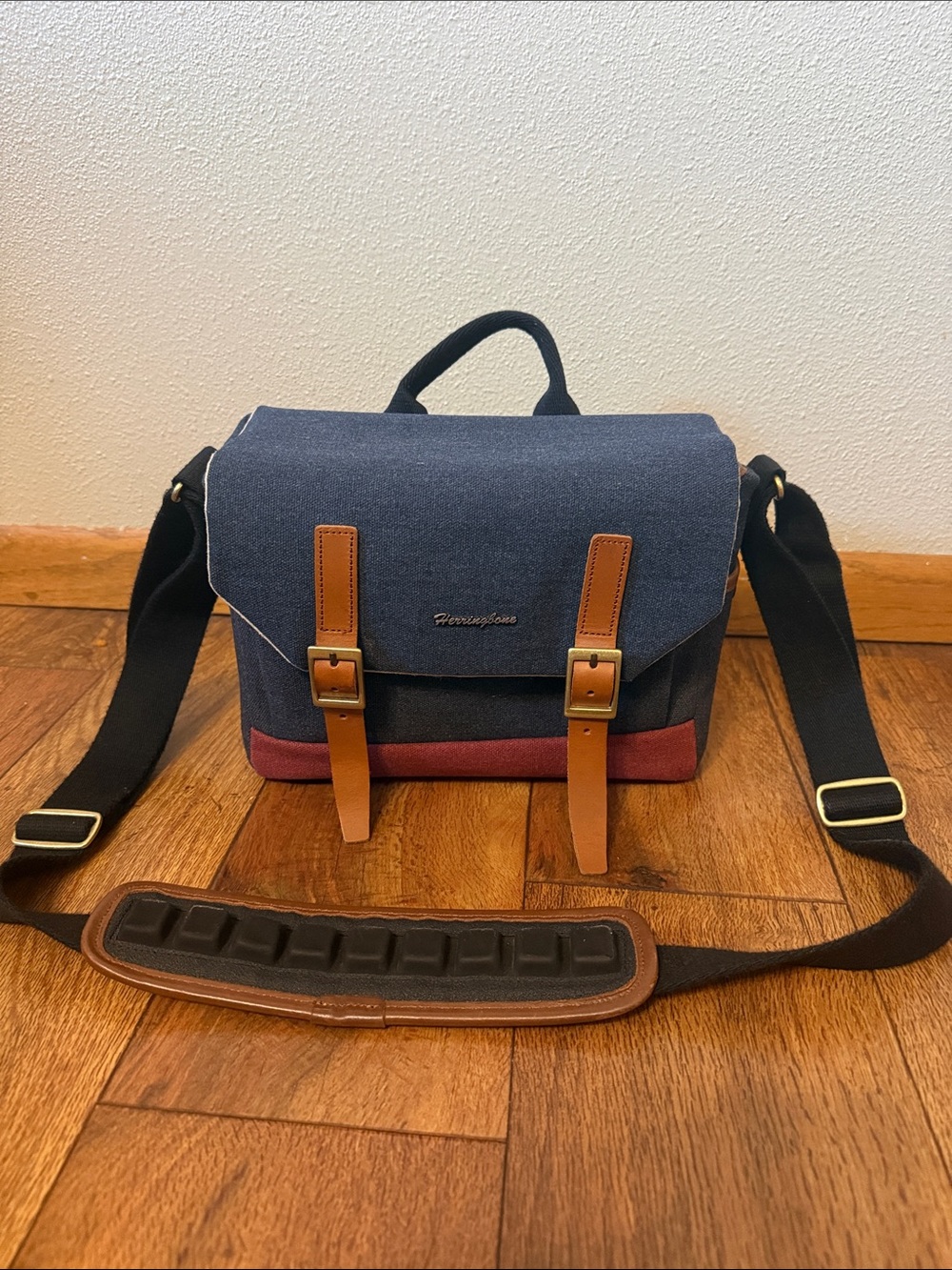 Navy & Maroon HerringboneCanvas Small Messenger/Camera Bag with Leather Trim